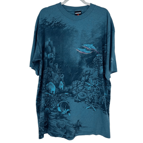 Vintage 90s Mens 2XL T-Shirt Habitat Dolphins Graphic Print Single Stitch Blue - Picture 1 of 12